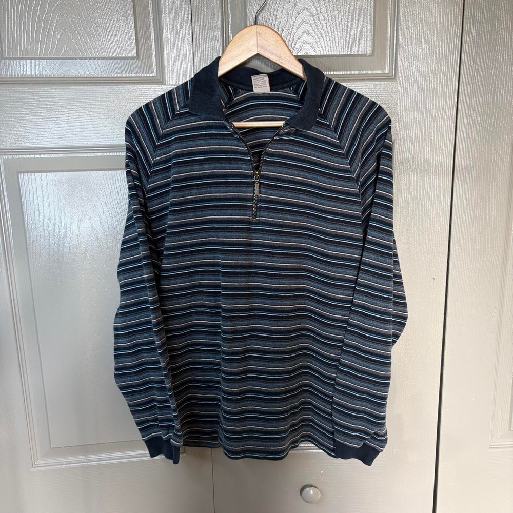 Levis Mens Striped Quarter Zip Sweatshirt Blue Navy Cotton Pullover Size M